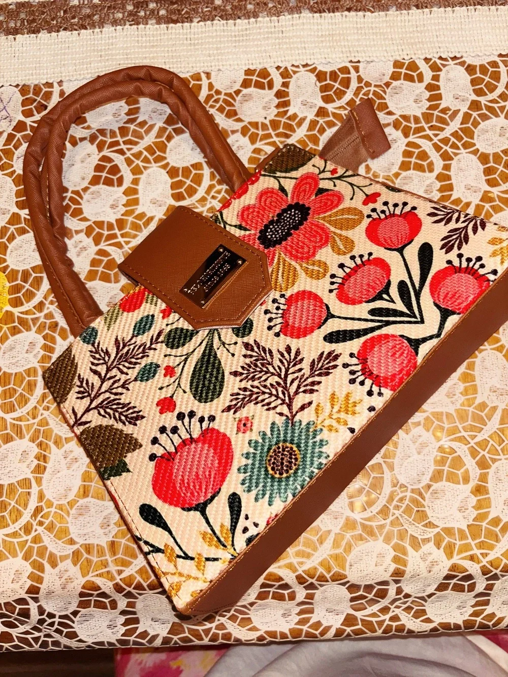 Floral Canvas Tote Handbag with Brown Trim